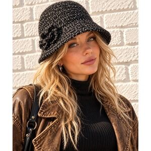 Vintage Nine West Black Wool Knit Cloche Bucket Hat Flower Detail OS